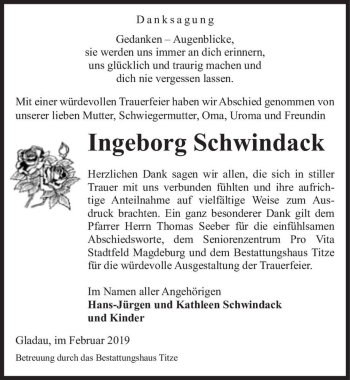 Traueranzeige von Ingeborg Schwindack  von Magdeburger Volksstimme