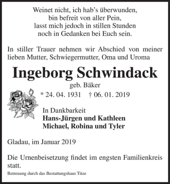 Traueranzeige von Ingeborg Schwindack (geb. Bäker)  von Magdeburger Volksstimme