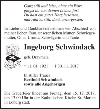 Traueranzeige von Ingeborg Schwindack (geb. Drzymala)  von Magdeburger Volksstimme