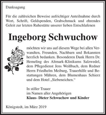 Traueranzeige von Ingeborg Schwuchow  von Magdeburger Volksstimme