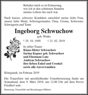 Traueranzeige von Ingeborg Schwuchow (geb. Wutke)  von Magdeburger Volksstimme