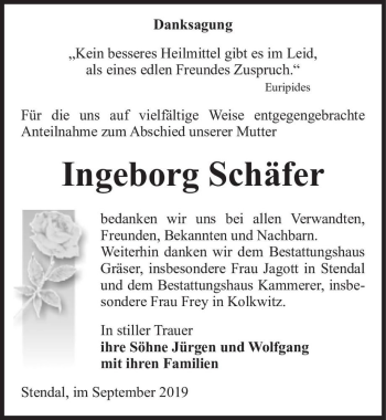 Traueranzeige von Ingeborg Schäfer  von Magdeburger Volksstimme