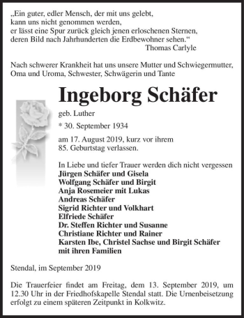 Traueranzeige von Ingeborg Schäfer (geb. Luther)  von Magdeburger Volksstimme