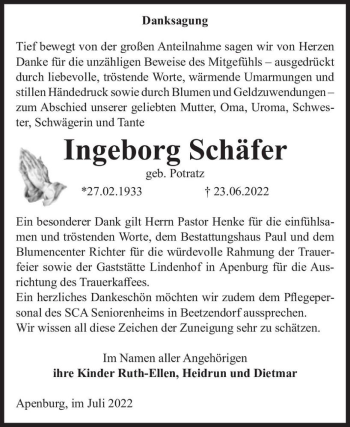 Traueranzeige von Ingeborg Schäfer (geb. Potratz)  von Magdeburger Volksstimme