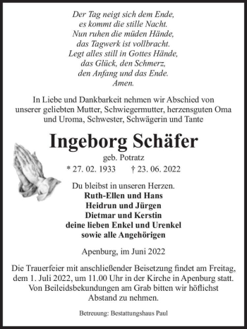 Traueranzeige von Ingeborg Schäfer (geb. Potratz)  von Magdeburger Volksstimme