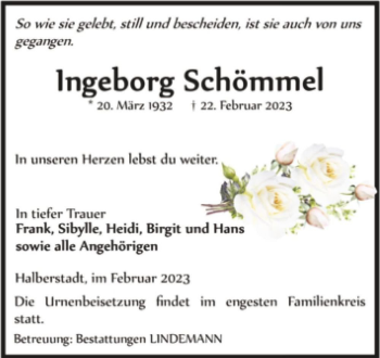 Traueranzeige von Ingeborg Schömmel  von Magdeburger Volksstimme