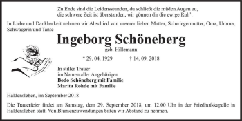 Traueranzeige von Ingeborg Schöneberg (geb. Hillemann)  von Magdeburger Volksstimme