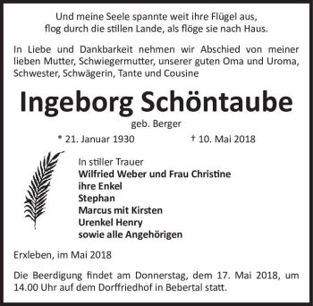 Traueranzeige von Ingeborg Schöntaube (geb. Berger)  von Magdeburger Volksstimme