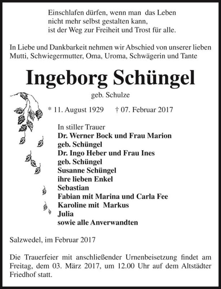  Traueranzeige für Ingeborg Schüngel (geb. Schulze)  vom 10.02.2017 aus Magdeburger Volksstimme