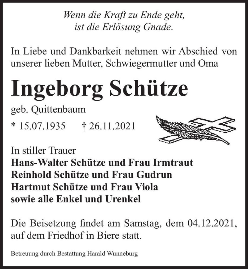  Traueranzeige für Ingeborg Schütze (geb. Quittenbaum)  vom 01.12.2021 aus Magdeburger Volksstimme