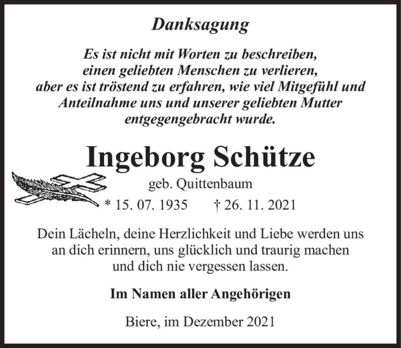  Traueranzeige für Ingeborg Schütze (geb. Quittenbaum)  vom 18.12.2021 aus Magdeburger Volksstimme
