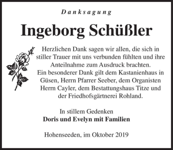 Traueranzeige von Ingeborg Schüßler  von Magdeburger Volksstimme
