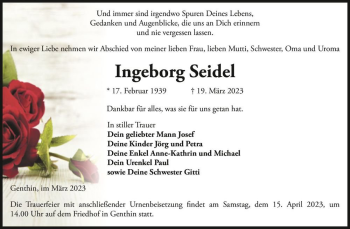 Traueranzeige von Ingeborg Seidel  von Magdeburger Volksstimme