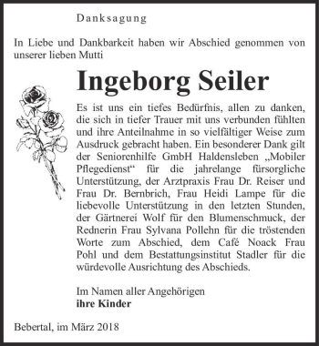 Traueranzeige von Ingeborg Seiler  von Magdeburger Volksstimme