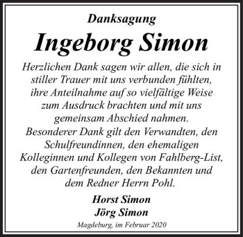 Traueranzeige von Ingeborg Simon  von Magdeburger Volksstimme