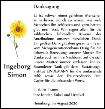 Traueranzeige von Ingeborg Simon  von Magdeburger Volksstimme