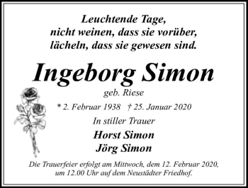 Traueranzeige von Ingeborg Simon (geb. Riese)  von Magdeburger Volksstimme