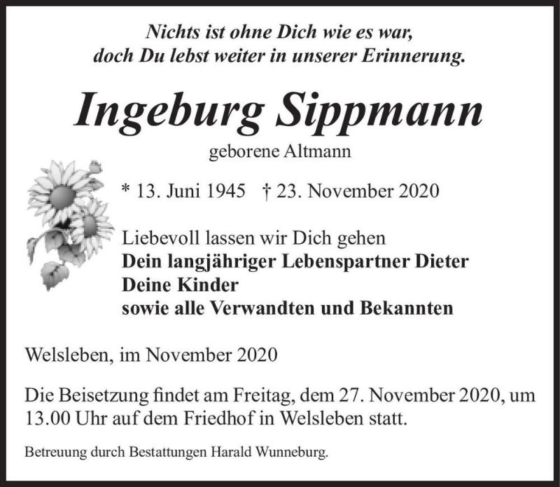  Traueranzeige für Ingeborg Sippmann (geb. Altmann)  vom 25.11.2020 aus Magdeburger Volksstimme