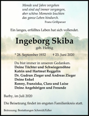 Traueranzeige von Ingeborg Skiba (geb. Helbig)  von Magdeburger Volksstimme