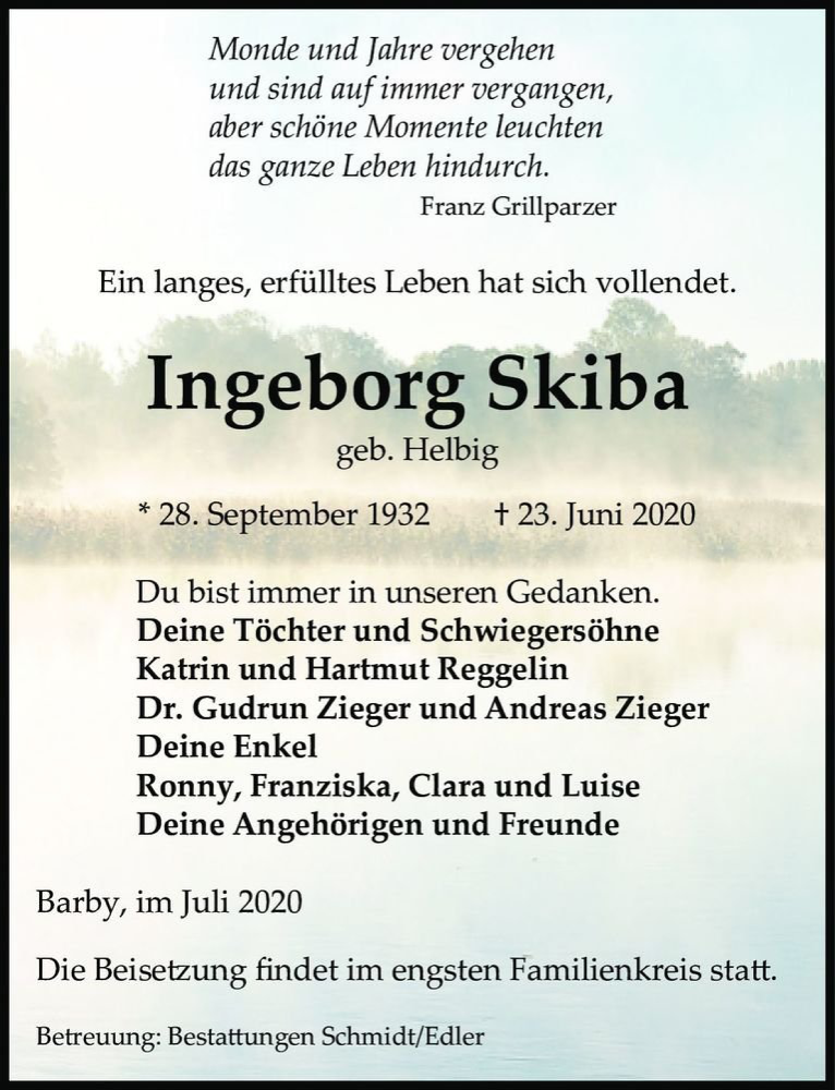  Traueranzeige für Ingeborg Skiba (geb. Helbig)  vom 04.07.2020 aus Magdeburger Volksstimme