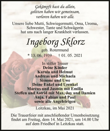 Traueranzeige von Ingeborg Sklorz (geb. Rotermund)  von Magdeburger Volksstimme