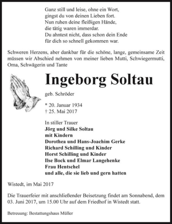 Traueranzeige von Ingeborg Soltau (geb. Schröder)  von Magdeburger Volksstimme