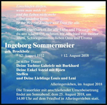 Traueranzeige von Ingeborg Sommermeier (geb. Brockholz)  von Magdeburger Volksstimme