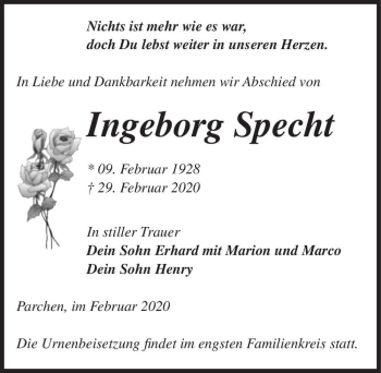 Traueranzeige von Ingeborg Specht  von Magdeburger Volksstimme