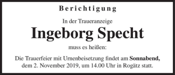 Traueranzeige von Ingeborg Specht  von Magdeburger Volksstimme