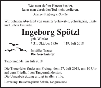 Traueranzeige von Ingeborg Spötzl (geb. Wieske)  von Magdeburger Volksstimme