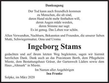 Traueranzeige von Ingeborg Stams  von Magdeburger Volksstimme