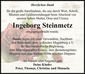 Traueranzeige von Ingeborg Steinmetz  von Magdeburger Volksstimme