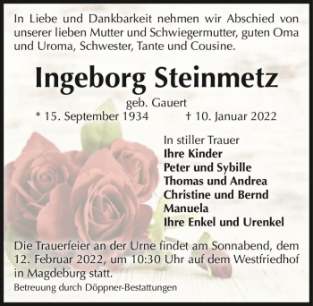 Traueranzeige von Ingeborg Steinmetz (geb. Gauert)  von Magdeburger Volksstimme