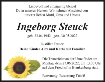 Traueranzeige von Ingeborg Steuck  von Magdeburger Volksstimme