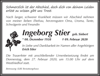 Traueranzeige von Ingeborg Stier (geb. Siebert)  von Magdeburger Volksstimme