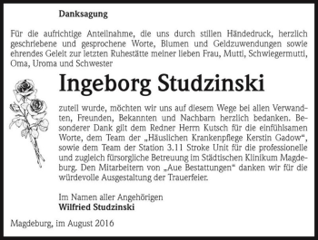 Traueranzeige von Ingeborg Studzinski  von Magdeburger Volksstimme
