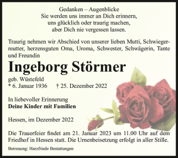 Traueranzeige von Ingeborg Störmer (geb. Wüstefeld)  von Magdeburger Volksstimme