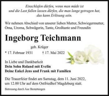 Traueranzeige von Ingeborg Teichmann (geb. Krüger)  von Magdeburger Volksstimme
