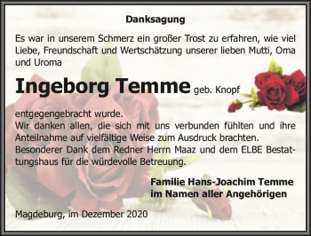 Traueranzeige von Ingeborg Temme (geb. Knopf)  von Magdeburger Volksstimme