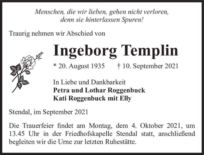  Traueranzeige für Ingeborg Templin  vom 25.09.2021 aus Magdeburger Volksstimme