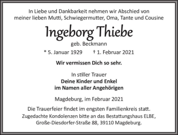 Traueranzeige von Ingeborg Thiebe (geb. Beckmann)  von Magdeburger Volksstimme