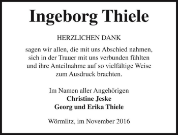 Traueranzeige von Ingeborg Thiele  von Magdeburger Volksstimme