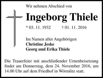Traueranzeige von Ingeborg Thiele  von Magdeburger Volksstimme