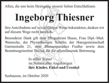 Traueranzeige von Ingeborg Thiesner  von Magdeburger Volksstimme