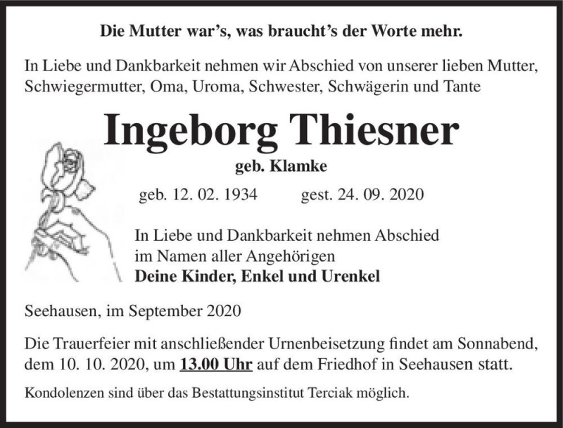  Traueranzeige für Ingeborg Thiesner (geb. Klamke)  vom 06.10.2020 aus Magdeburger Volksstimme