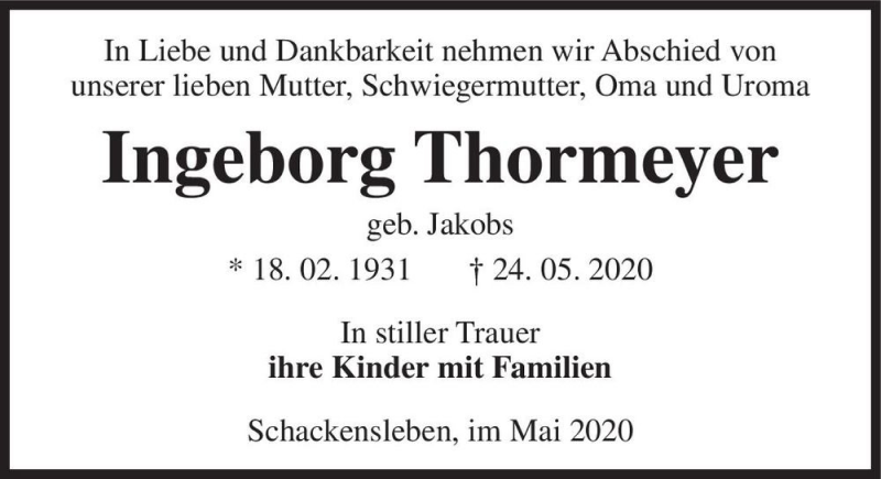  Traueranzeige für Ingeborg Thormeyer (geb. Jakobs)  vom 30.05.2020 aus Magdeburger Volksstimme