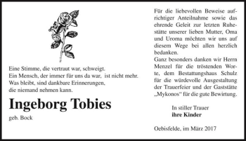 Traueranzeige von Ingeborg Tobies (geb. Bock)  von Magdeburger Volksstimme