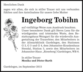 Traueranzeige von Ingeborg Tobihn  von Magdeburger Volksstimme