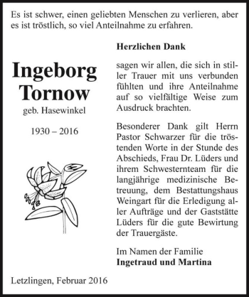 Traueranzeige von Ingeborg Tornow (geb. Hasewinkel)  von Magdeburger Volksstimme