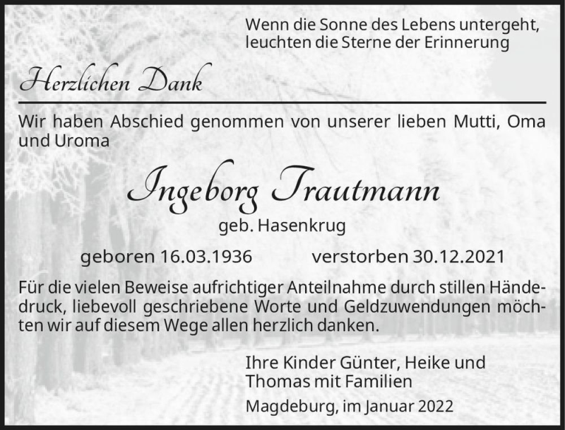  Traueranzeige für Ingeborg Trautmann (geb. Hasenkrug)  vom 29.01.2022 aus Magdeburger Volksstimme